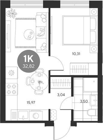 Планировка 1-к.кв, 32,82 м² в ЖК Эхо леса