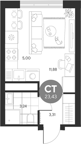 Планировка Студия, 23,43 м² в ЖК Эхо леса