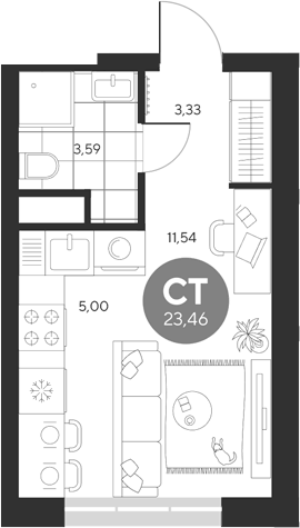 Планировка Студия, 23,46 м² в ЖК Эхо леса
