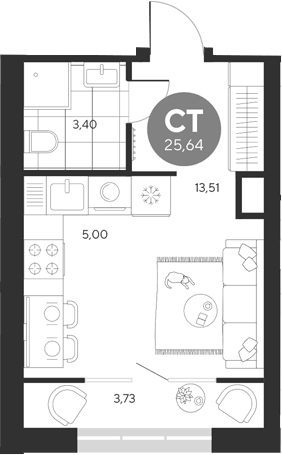 Планировка Студия, 25,64 м² в ЖК Эхо леса