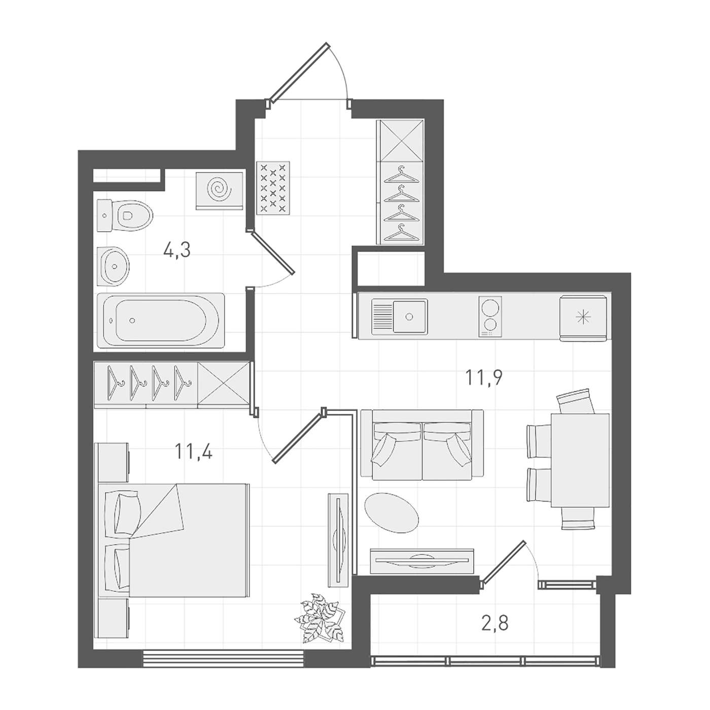 Планировка 1-к.кв, 35,4 м² в ЖК Екатерининский парк