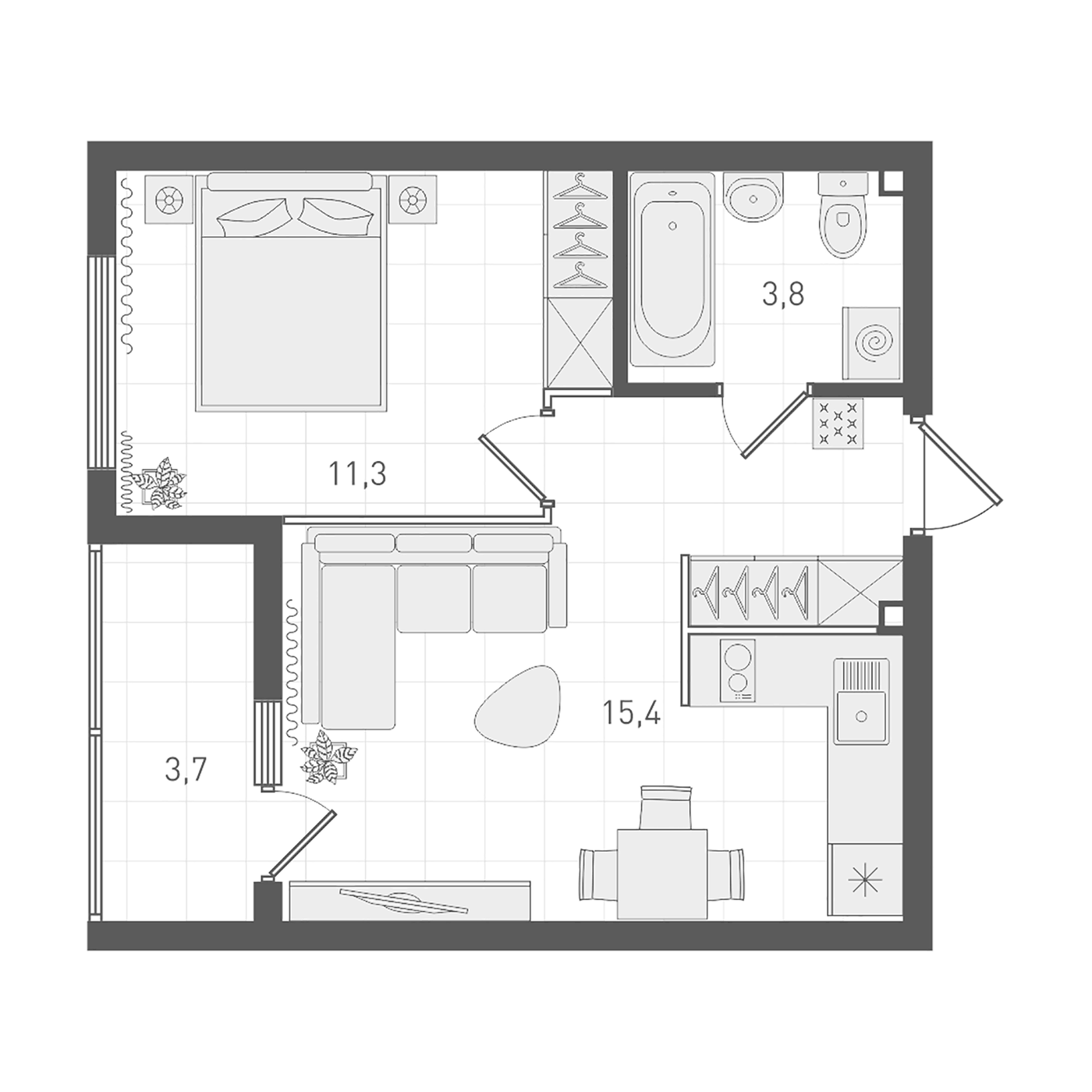 Планировка 1-к.кв, 37,1 м² в ЖК Екатерининский парк