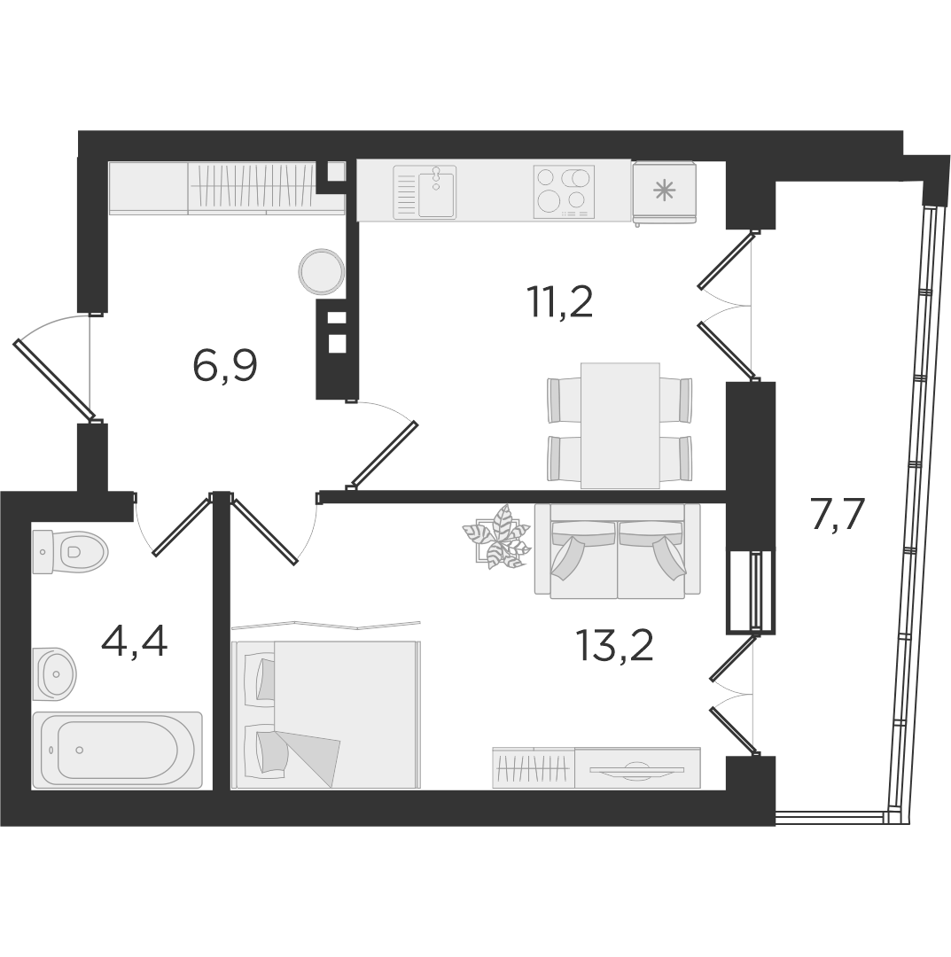 Планировка 1-к.кв, 38,7 м² в ЖК Екатерининский парк