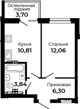 Планировка 1-к.кв, 34,86 м² в ЖК Есенин