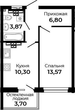 Планировка 1-к.кв, 36,39 м² в ЖК Есенин