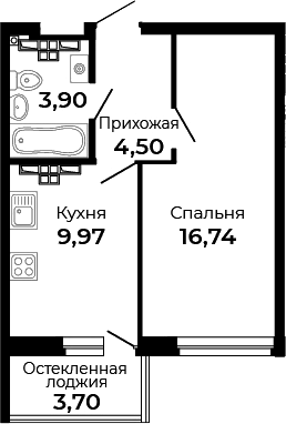 Планировка 1-к.кв, 36,96 м² в ЖК Есенин