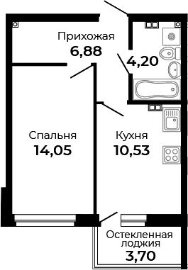 Планировка 1-к.кв, 37,51 м² в ЖК Есенин