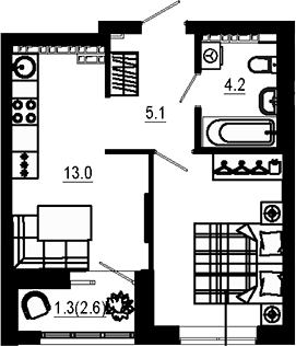 Планировка 1-к.кв, 33,2 м² в ЖК Эстель