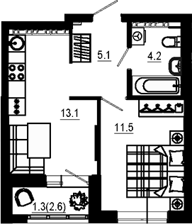 Планировка 1-к.кв, 33,5 м² в ЖК Эстель