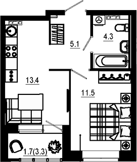 Планировка 1-к.кв, 33,9 м² в ЖК Эстель