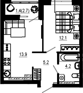 Планировка 1-к.кв, 34,9 м² в ЖК Эстель