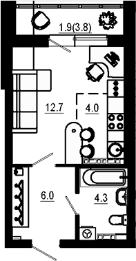 Планировка Студия, 26,7 м² в ЖК Эстель