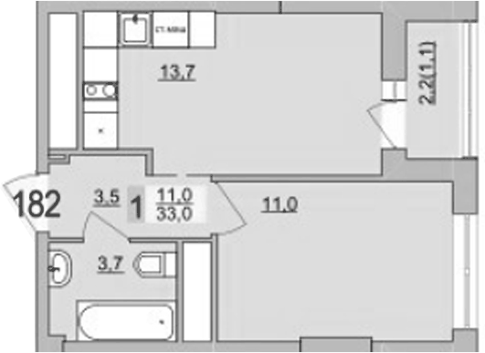 Планировка 1-к.кв, 33 м² в ЖК Философия идеалистов