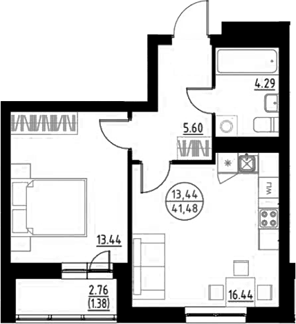 Планировка 1-к.кв, 41,48 м² в ЖК Философия идеалистов