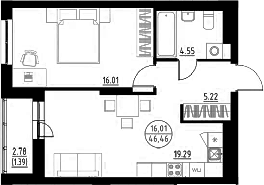 Планировка 1-к.кв, 46,28 м² в ЖК Философия идеалистов