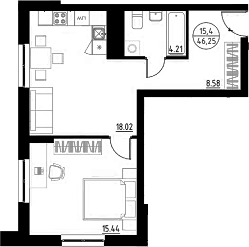 Планировка 1-к.кв, 46,82 м² в ЖК Философия идеалистов