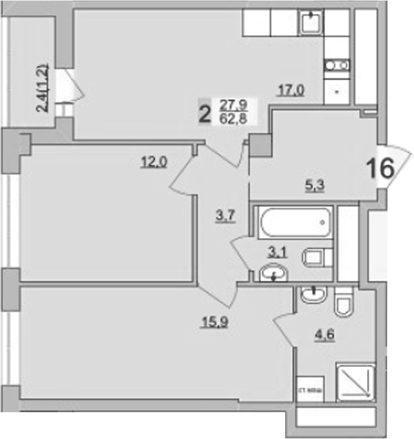 Планировка 2-к.кв, 62,9 м² в ЖК Философия идеалистов