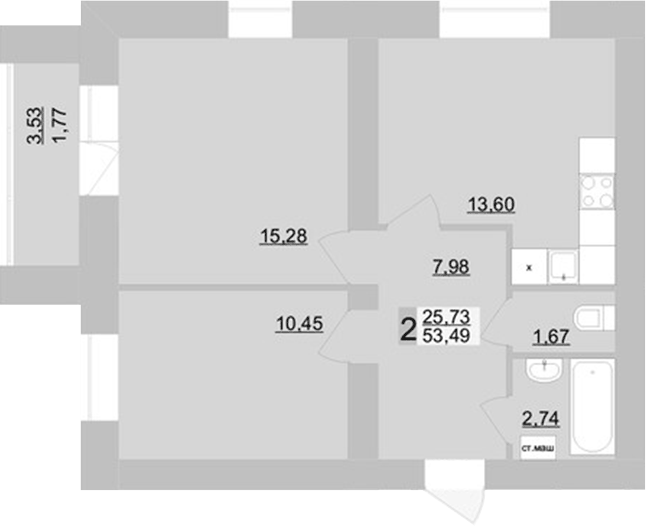 Планировка 2-к.кв, 53,46 м² в ЖК Философия идеалистов на Театральной