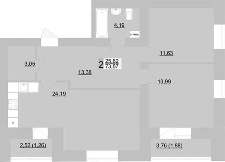 Планировка 2-к.кв, 73,53 м² в ЖК Философия идеалистов на Театральной