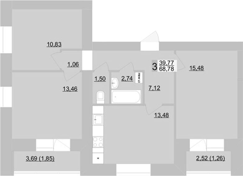 Планировка 3-к.кв, 68,74 м² в ЖК Философия идеалистов на Театральной