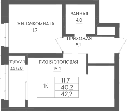 Планировка 1-к.кв, 44,1 м² в ЖК Форма