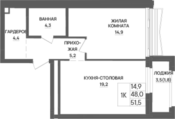 Планировка 1-к.кв, 51,6 м² в ЖК Форма