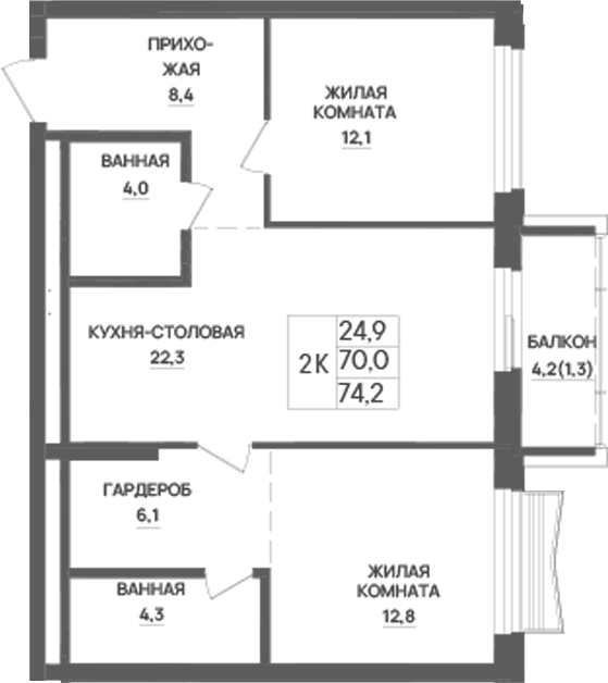 Планировка 2-к.кв, 74,2 м² в ЖК Форма