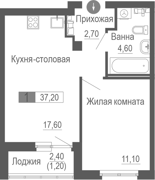 Планировка 1-к.кв, 37,2 м² в ЖК Фристайл