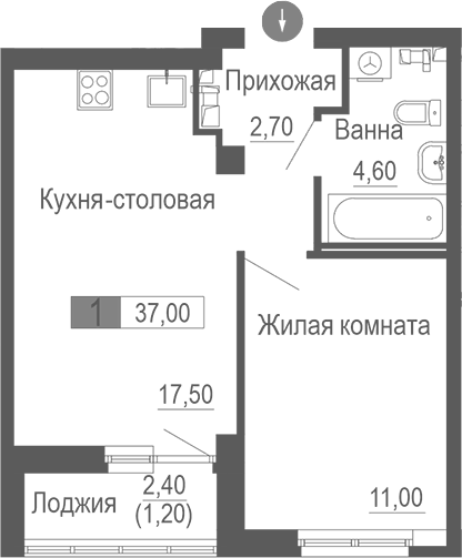 Планировка 1-к.кв, 37 м² в ЖК Фристайл