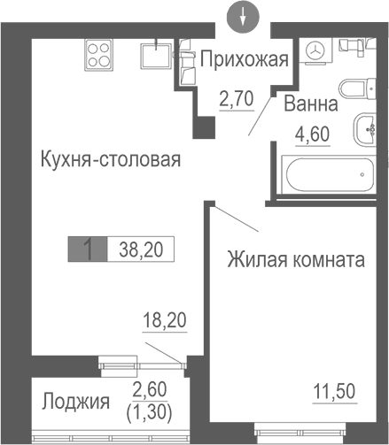 Планировка 1-к.кв, 38,2 м² в ЖК Фристайл