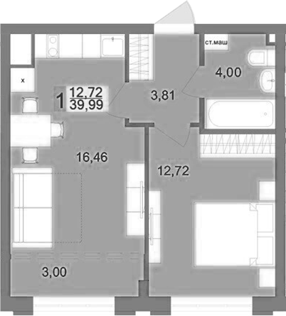 Планировка 1-к.кв, 39,99 м² в ЖК Футурист