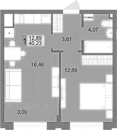 Планировка 1-к.кв, 40,23 м² в ЖК Футурист