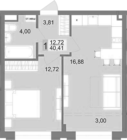 Планировка 1-к.кв, 40,41 м² в ЖК Футурист