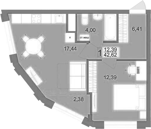 Планировка 1-к.кв, 42,62 м² в ЖК Футурист