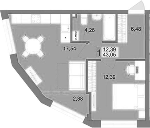 Планировка 1-к.кв, 43,05 м² в ЖК Футурист