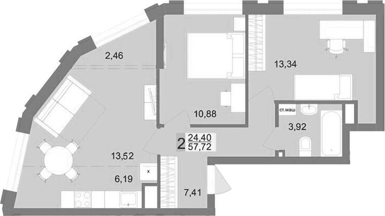 Планировка 2-к.кв, 57,72 м² в ЖК Футурист