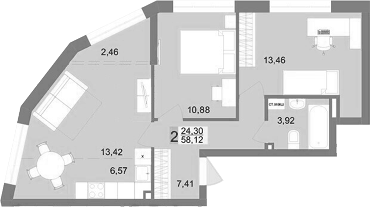 Планировка 2-к.кв, 58,12 м² в ЖК Футурист