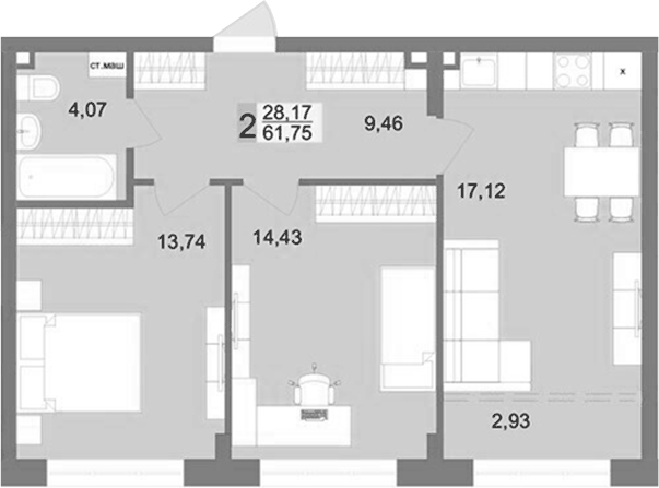 Планировка 2-к.кв, 61,75 м² в ЖК Футурист