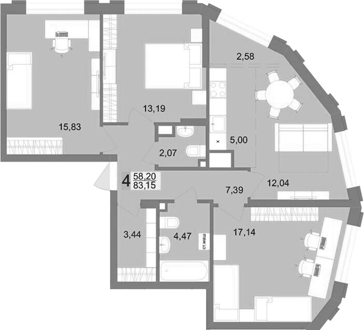 Планировка Планировка 3-к.кв 83,15 м² в ЖК Футурист в Екатеринбурге в ЖК Футурист