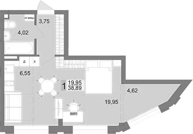 Планировка Студия, 38,89 м² в ЖК Футурист