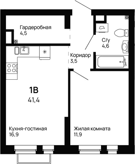 Планировка 1-к.кв, 41,4 м² в ЖК Галактика