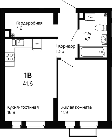 Планировка 1-к.кв, 41,6 м² в ЖК Галактика