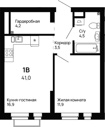 Планировка 1-к.кв, 41 м² в ЖК Галактика