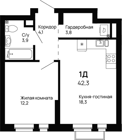 Планировка 1-к.кв, 42,3 м² в ЖК Галактика