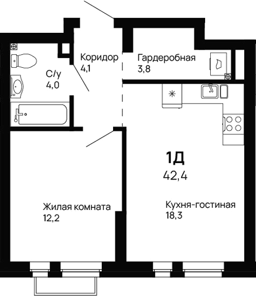 Планировка 1-к.кв, 42,4 м² в ЖК Галактика
