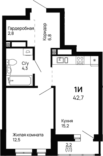 Планировка 1-к.кв, 42,7 м² в ЖК Галактика
