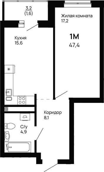 Планировка 1-к.кв, 47,4 м² в ЖК Галактика