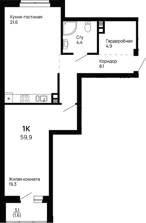 Планировка 1-к.кв, 59,9 м² в ЖК Галактика