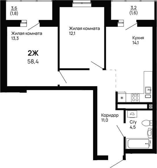 Планировка 2-к, 58,4 м² в ЖК Галактика