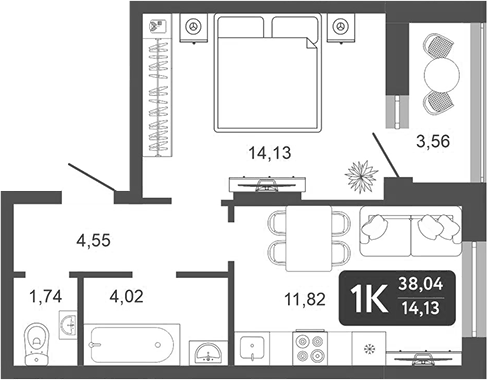 Планировка 1-к.кв, 38,04 м² в ЖК Галерея